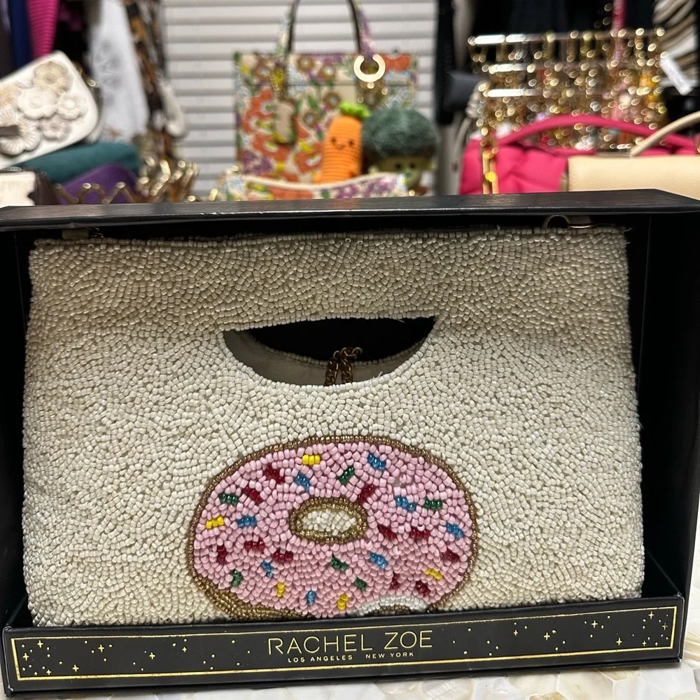 Rachel Zoe Viral Cream and Pink Beaded Donut Clutch Crossbody So Fun!